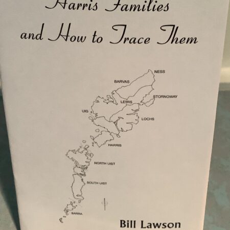 The book cover titled *Harris Families and How to Trace Them* by Bill Lawson features a simple black outline map of the Outer Hebrides islands. The map specifically includes Harris, Lewis, and other nearby locations. The design is monochromatic, using basic black outlines on a plain background to depict the geographic area relevant to the families discussed in the book. There are no additional images or decorative elements on the cover aside from the title, author name, and outlined map.