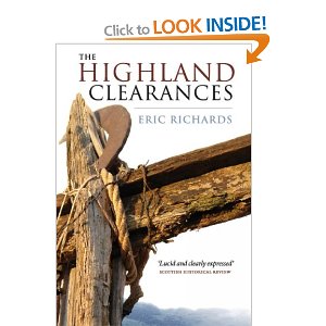The book cover of *The Highland Clearances* by Eric Richards features a rustic wooden fence with rope and a hook in the foreground. In the background, mountains are visible. At the top of the cover, there is a banner displaying the text “Click to LOOK INSIDE!”.