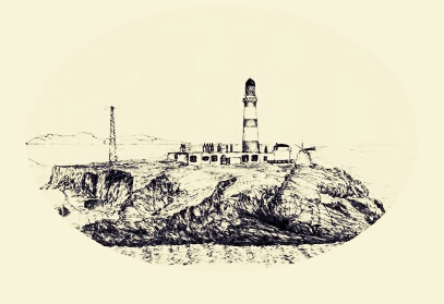 A black-and-white sketch shows a lighthouse and adjacent buildings on a rocky coastline. There is a smaller tower and a windmill located nearby. The sea appears in the foreground.