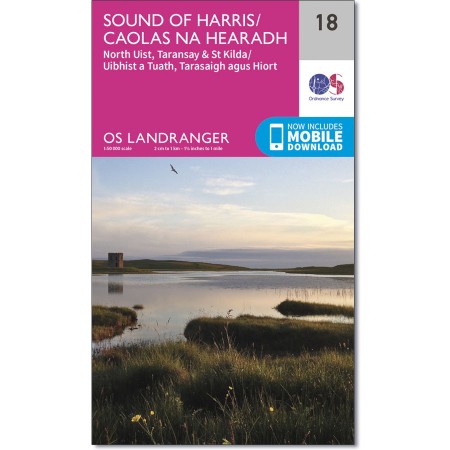 The cover of the OS Landranger map titled Sound of Harris / Caolas Na Hearadh features a scenic photograph depicting a coastal landscape. The scene includes water, grassy shores, and a stone structure visible in the foreground or middle distance. Also present on the cover are details about the map itself, including its title, coverage area, scale (typically 1:50,000 for Landranger series), and information regarding mobile download options. Branding elements such as Ordnance Survey logos and color bands customarily associated with Landranger maps are included as well.