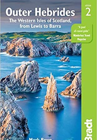 The book cover for *Outer Hebrides: The Western Isles of Scotland, from Lewis to Barra* by Mark Rowe depicts a rocky coastline with blue water and green hills under a cloudy sky.