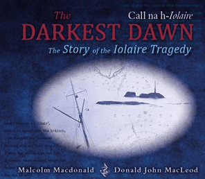 The book cover for *The Darkest Dawn: The Story of the Iolaire Tragedy* by Malcolm Macdonald and Donald John MacLeod features a design with dark blue tones. Prominently, it includes a partial map, suggesting geographical context related to the tragedy. A ship’s mast is also visible, referencing the maritime theme central to the book’s subject—the Iolaire disaster. The combination of these visual elements provides historical and nautical context relevant to the events described within the book.