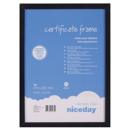 A black-framed certificate frame with a blue insert is described. The insert features white text and cloud graphics, states certificate frame, displays the brand niceday, and lists the frame size as 210 x 297 mm (A4).