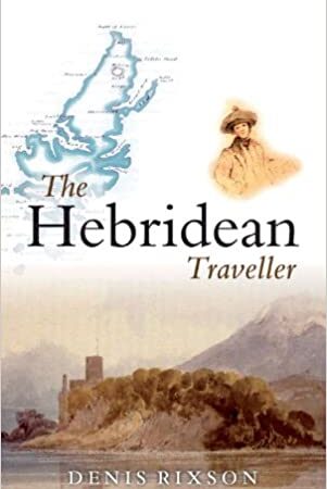 The cover of *The Hebridean Traveller* by Denis Rixson features a composite design. It displays part of an old map, suggesting geographical context or travel routes. An old portrait of a traveler appears, possibly indicating a historical aspect or the central subject of the book. The background includes a landscape with a castle positioned by the water, with mountains visible in the distance, referencing the typical scenery found in the Hebrides. The arrangement combines elements that reference history, geography, and landscape relevant to the book’s theme.