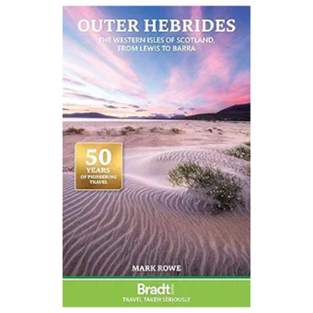 Book cover for Bradt Outer Hebrides (Travel Guide): Sand dunes, grassy hills, sky, and a gold 50 Years of Pioneering Travel badge.