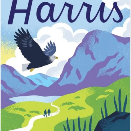 The cover of Harris: Walks in the Western Isles by Peter Edwards depicts a soaring eagle above a winding path that traverses green hills and mountainous terrain on Harris. The sky is blue with scattered clouds, highlighting the natural landscape featured on the books subject.