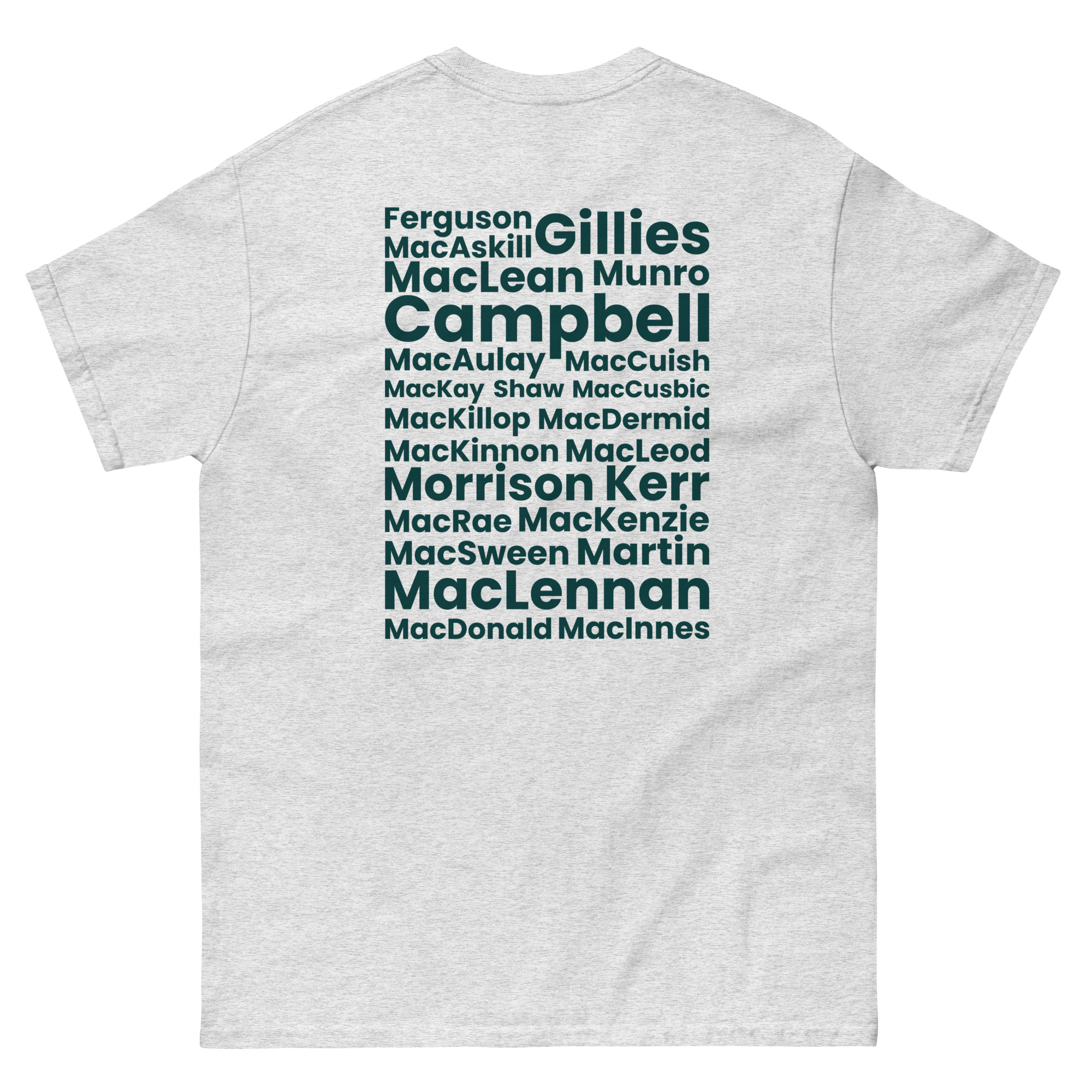 The Unisex t-shirt - Hebrides People is a light gray short-sleeved garment. It features bold green block text on the back, listing various Scottish surnames associated with Hebrides heritage. The t-shirt is designed to highlight names common in or linked to the Hebrides region of Scotland.