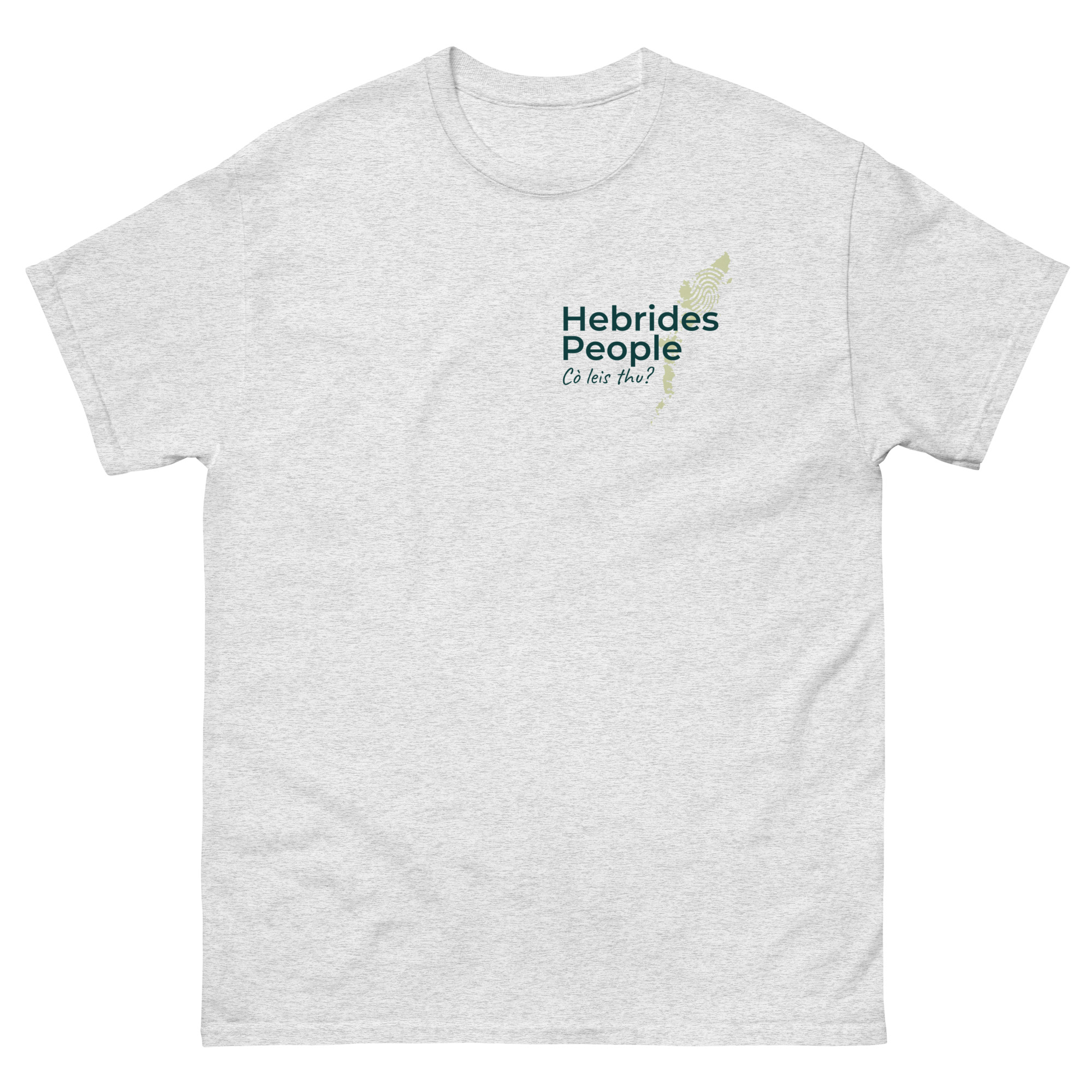 The Unisex t-shirt - Hebrides People is light gray in color. It features the text Hebrides People on the front. Above this text, there is a small outline map of the Hebrides. Below Hebrides People, in a handwritten style, appears the phrase “Cò leis thu?” which is Scottish Gaelic for “Who do you belong to?” The shirt does not have any additional images or graphical elements mentioned beyond these descriptions.