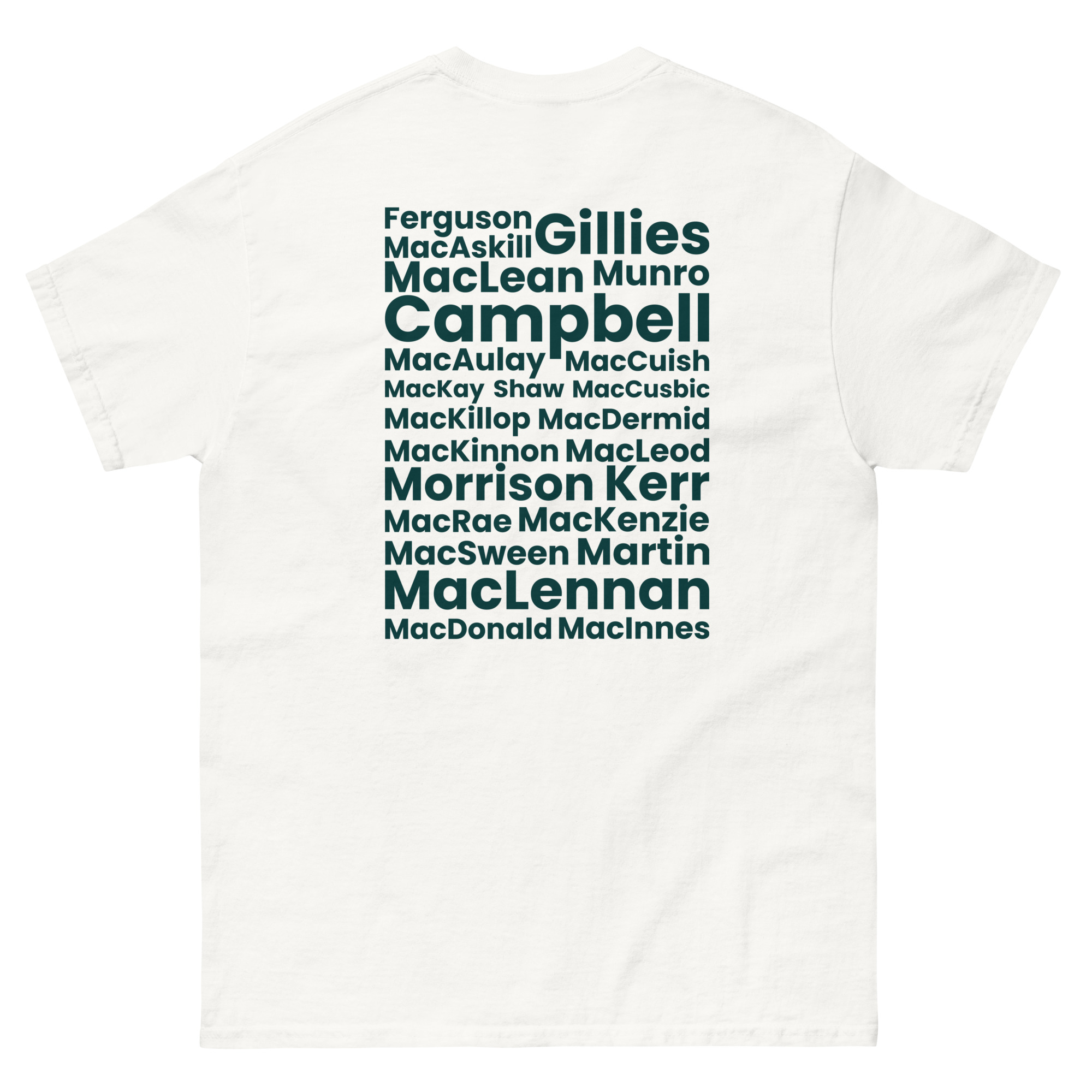 The Unisex t-shirt — Hebrides People features bold green text on the back, displaying Scottish surnames such as Campbell and MacLeod. The surnames are presented in varied font sizes. The design references Hebrides heritage.