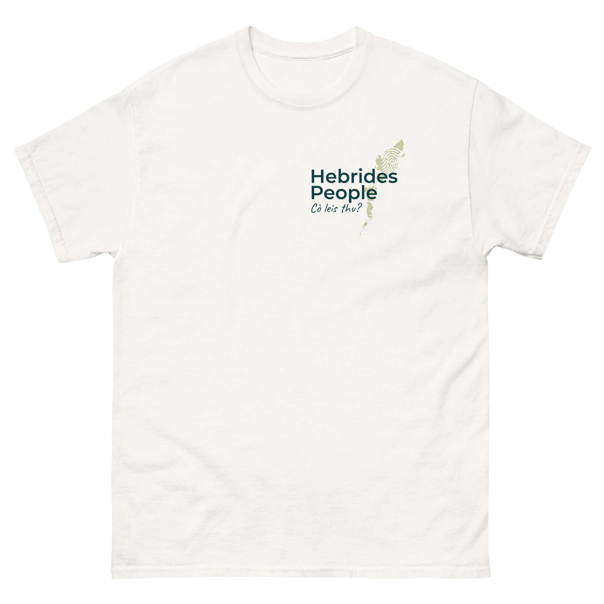 The Unisex t-shirt - Hebrides People features a small green map of the Hebrides along with the text Hebrides People and Cò leis thu? printed on the upper left chest. The phrase Cò leis thu? is Scottish Gaelic and translates to Who do you belong to? or Whose are you?.
