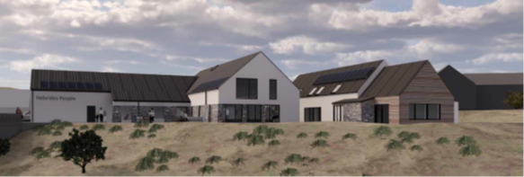 A modern building complex with white and stone walls, dark roofs, and large windows is situated on a grassy, slightly sloped landscape under a partly cloudy sky. This structure is part of the development plans for the Hebrides People Visitor Centre.