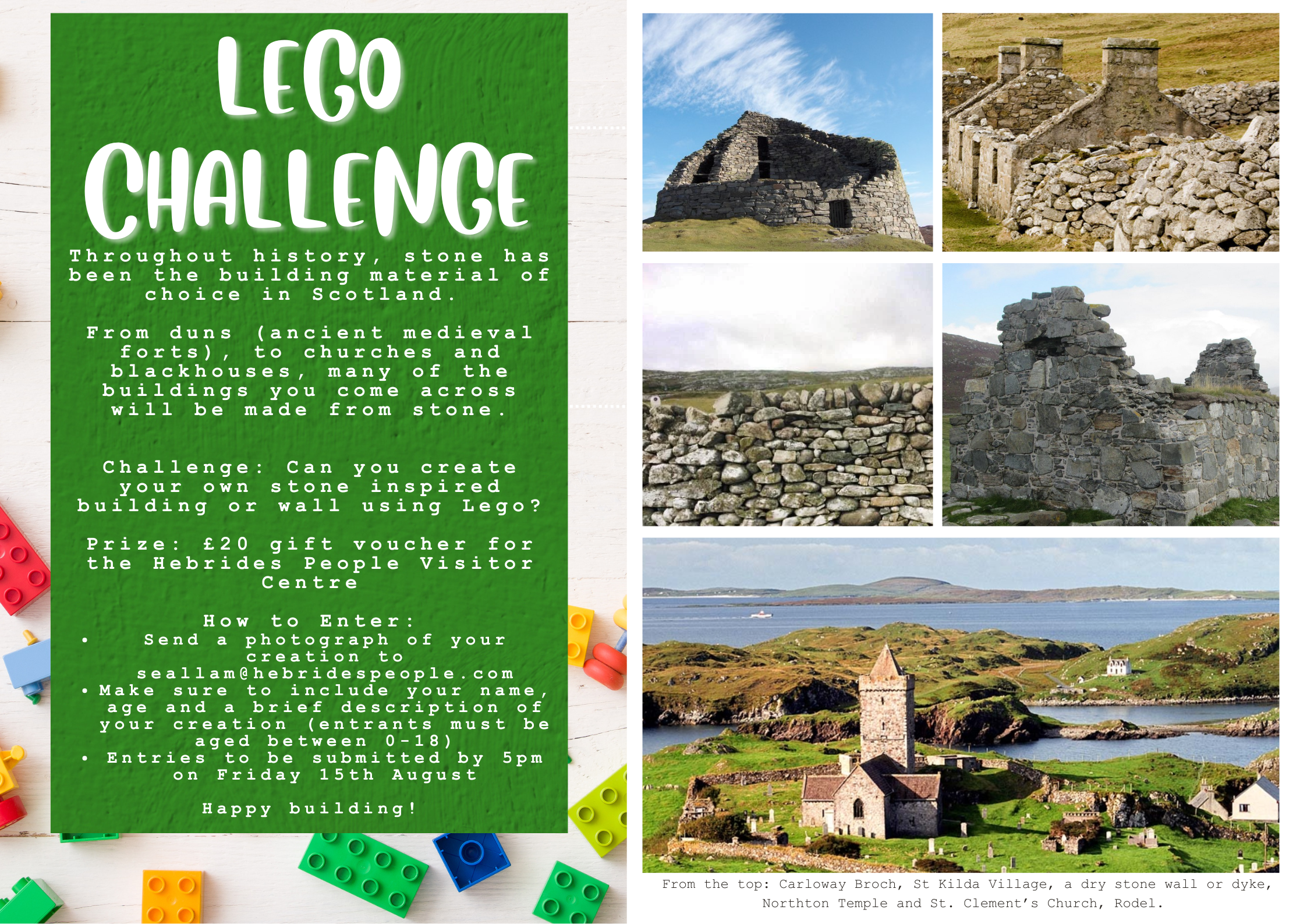A colorful LEGO building challenge poster features photographs of Scottish stone structures. The instructions invite participants to recreate these buildings using LEGO bricks and submit their entries for a chance to win a voucher. LEGO bricks are used as decorative elements along the border of the poster.