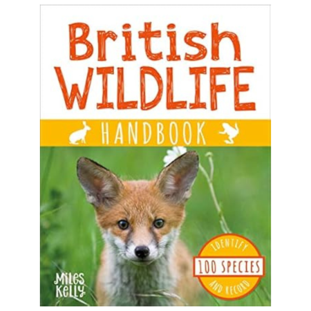 Cover of “British Wildlife by Miles Kelly” showing a close-up red fox in grass, orange and yellow text, and a badge: “Identify 100 species and record.”.