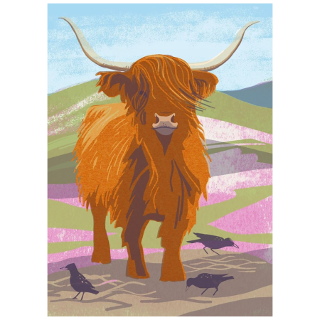 The Highland Cow Notebook shows a shaggy brown Highland cow with large curved horns, three black birds, and colorful hills behind.