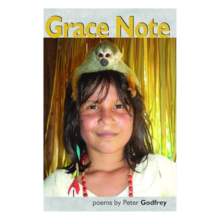 A young girl with dark hair and a beaded necklace has a small monkey on her head on the cover of Grace Notes by Peter Godfrey. Yellow reeds are in the background.