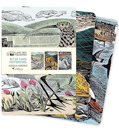 Three illustrated midi notebooks with nature-themed covers—birds, plants, and landscapes—by Angela Harding for Flame Tree Publishing.