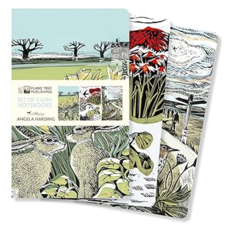 A set of three illustrated mini notebooks with nature-themed covers showing hares, flowers, birds, and rural landscapes by Angela Harding.