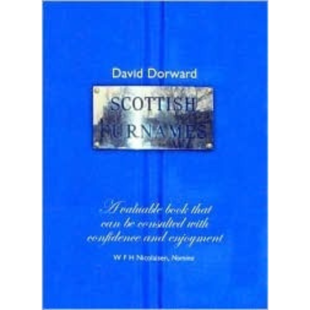 The cover of Scottish Surnames by David Dorward features a blue background, silver nameplate, gold and white text for author and quote.