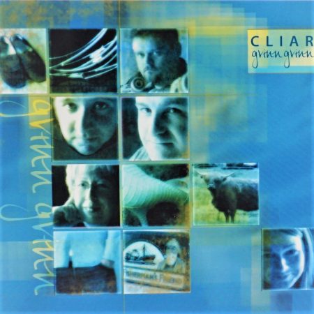 A blue-toned collage of nine square photos showing people, animals, and objects; handwritten text at left; product name at top right.