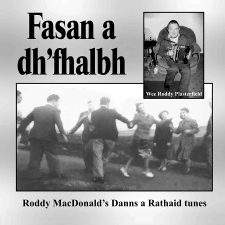 Grayscale CD cover with inset of man playing accordion and larger image of people dancing; album by Roddy MacDonald, Danns a Rathaid.