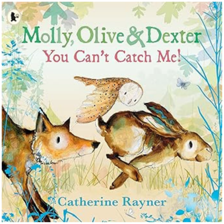 Book cover for Molly, Olive & Dexter: You Can't Catch Me! by Catherine Rayner shows a fox, hare, and owl on a leafy pastel background.