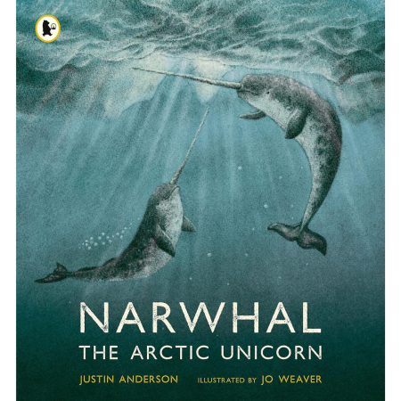 Two narwhals swim underwater with their long tusks crossing. Sunlight filters down. Book cover: Narwhal: The Arctic Unicorn.