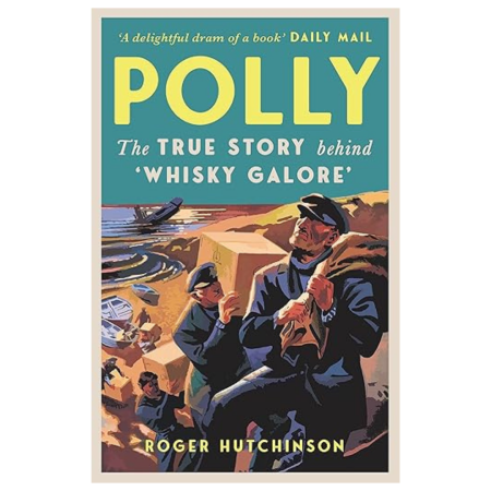 Book cover for "Polly" by Roger Hutchinson, showing three sailors by cliffs and sea, one with a bottle, and a shipwreck in the background.