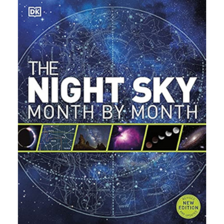 Book cover of The Night Sky: Month by Month, featuring a star map background, small celestial images, and bold white and green title text.