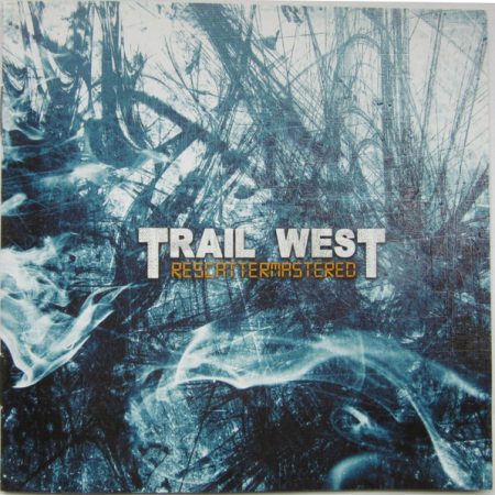 Abstract blue and black background with "TRAIL WEST" in bold white font and "Rescattermastered" in smaller yellow text below.