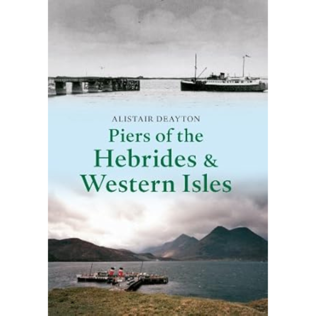 Book cover shows a black-and-white ferry at a Hebrides pier above and a color scene of people on a Western Isles pier with mountains.