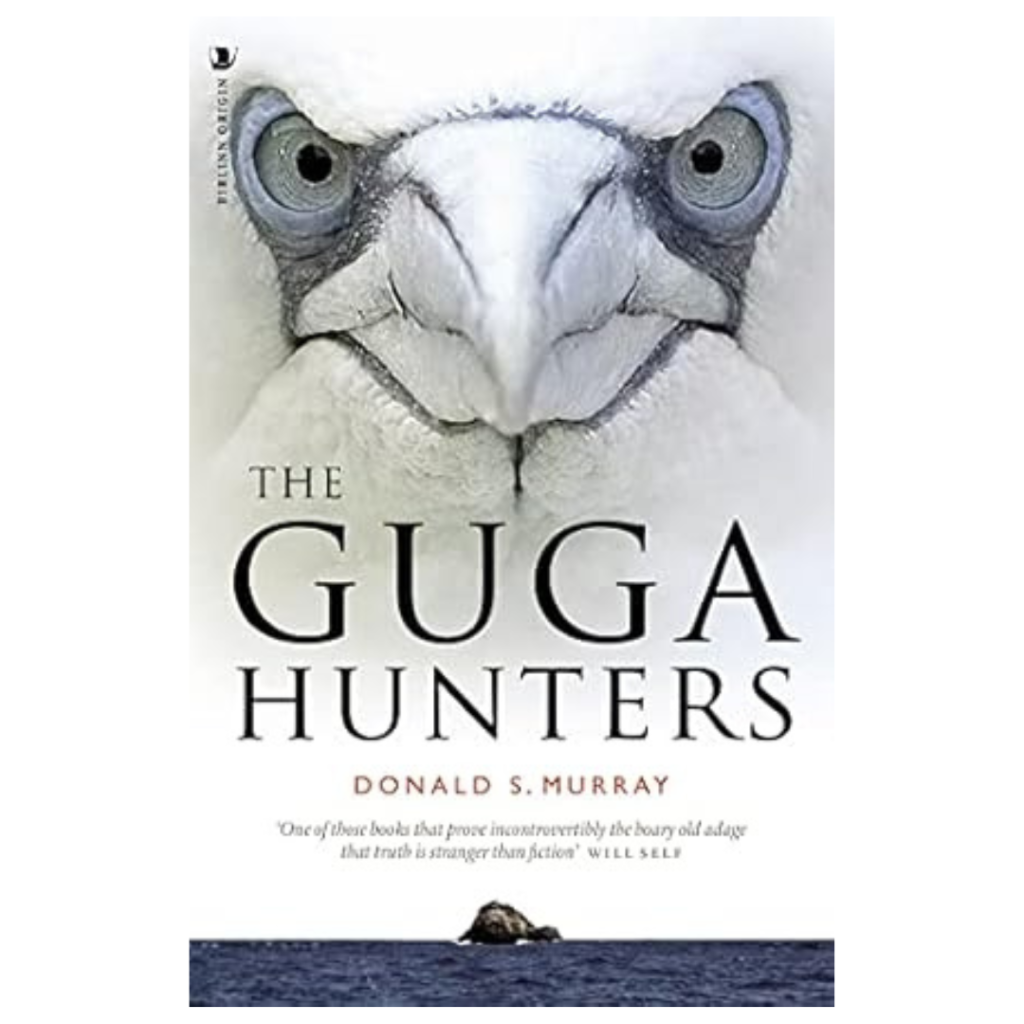 Book cover for The Guga Hunters, featuring a seabird’s blue eyes above the ocean and a rocky island, with a naturalistic design.