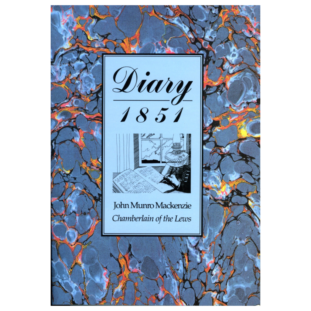 The Diary 1851 by John Munro MacKenzie has a cover with marbleized orange, yellow, and gray patterns and a writing desk illustration.