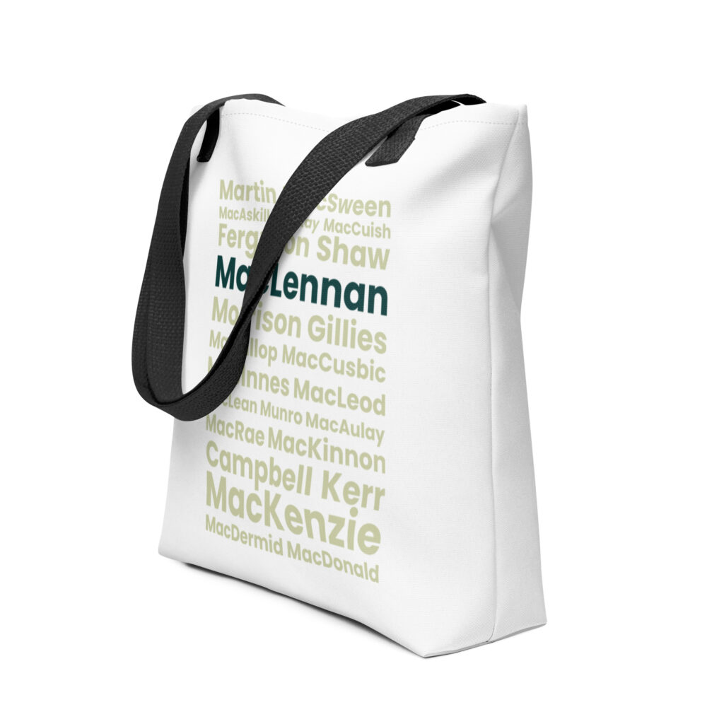Certainly. Here is a factual description: The Tote bag - MacLennan features black straps and displays the MacLennan surname in bold green and yellow lettering.
