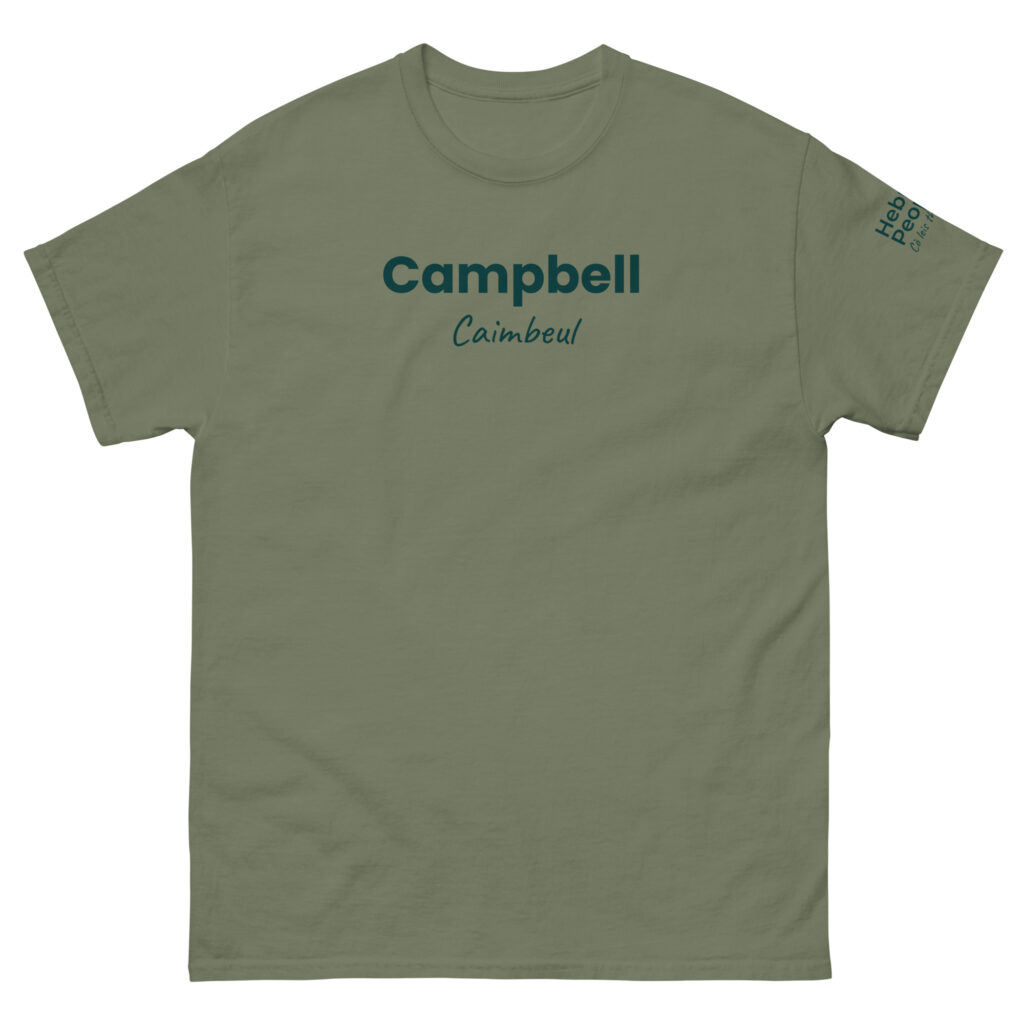 The Olive green Unisex t-shirt - Campbell features Campbell in bold dark green lettering and Caimbeul in script on the chest. The shirt is part of a heritage collection, indicated by text near the right sleeve hem.