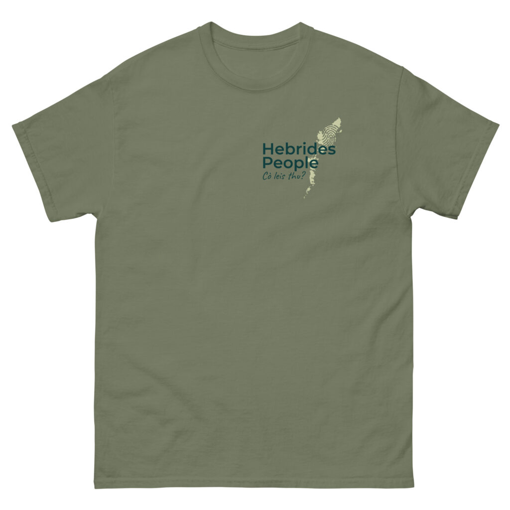 The Unisex t-shirt - Hebrides People is available in olive green. It features the text “Hebrides People Ce leis thu?” on the left chest, alongside an outline of the Hebrides islands in a deeper shade of green.