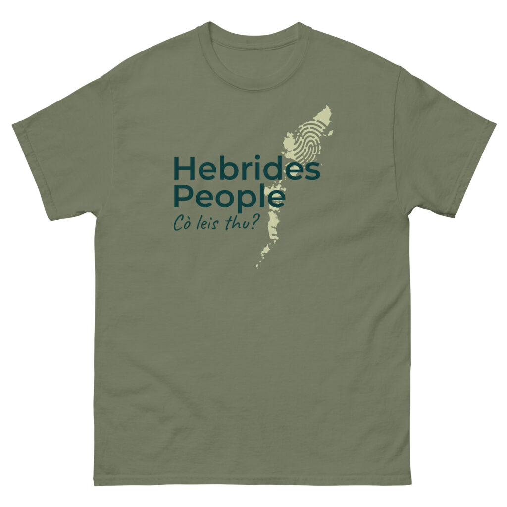 The Unisex t-shirt - Hebrides People Logo is an olive green t-shirt that displays the phrase Cò leis thu? along with a fingerprint graphic. The design also includes the Hebrides People logo layered on top of a beige map depicting the Hebrides islands.
