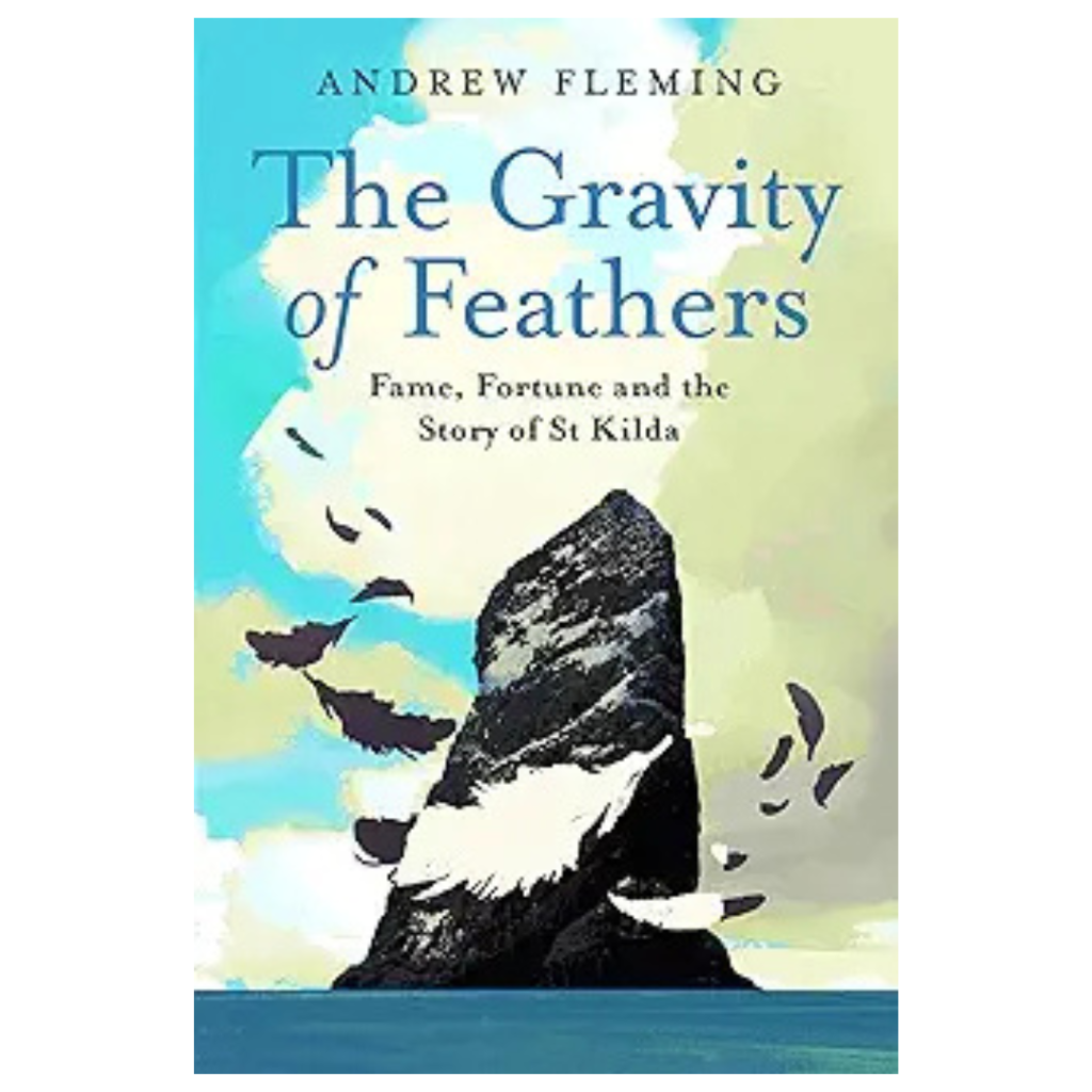 Book cover for The Gravity of Feathers by Andrew Fleming, with a rocky sea stack, flocks of birds, soft clouds, and subtitle shown.