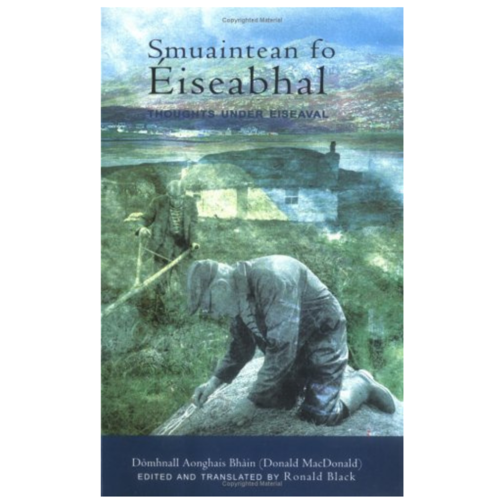 A book cover for "Smuaintean fo Éiseabhal (Thoughts under Eiseaval)" by Donald MacDonald shows a man kneeling on the ground.