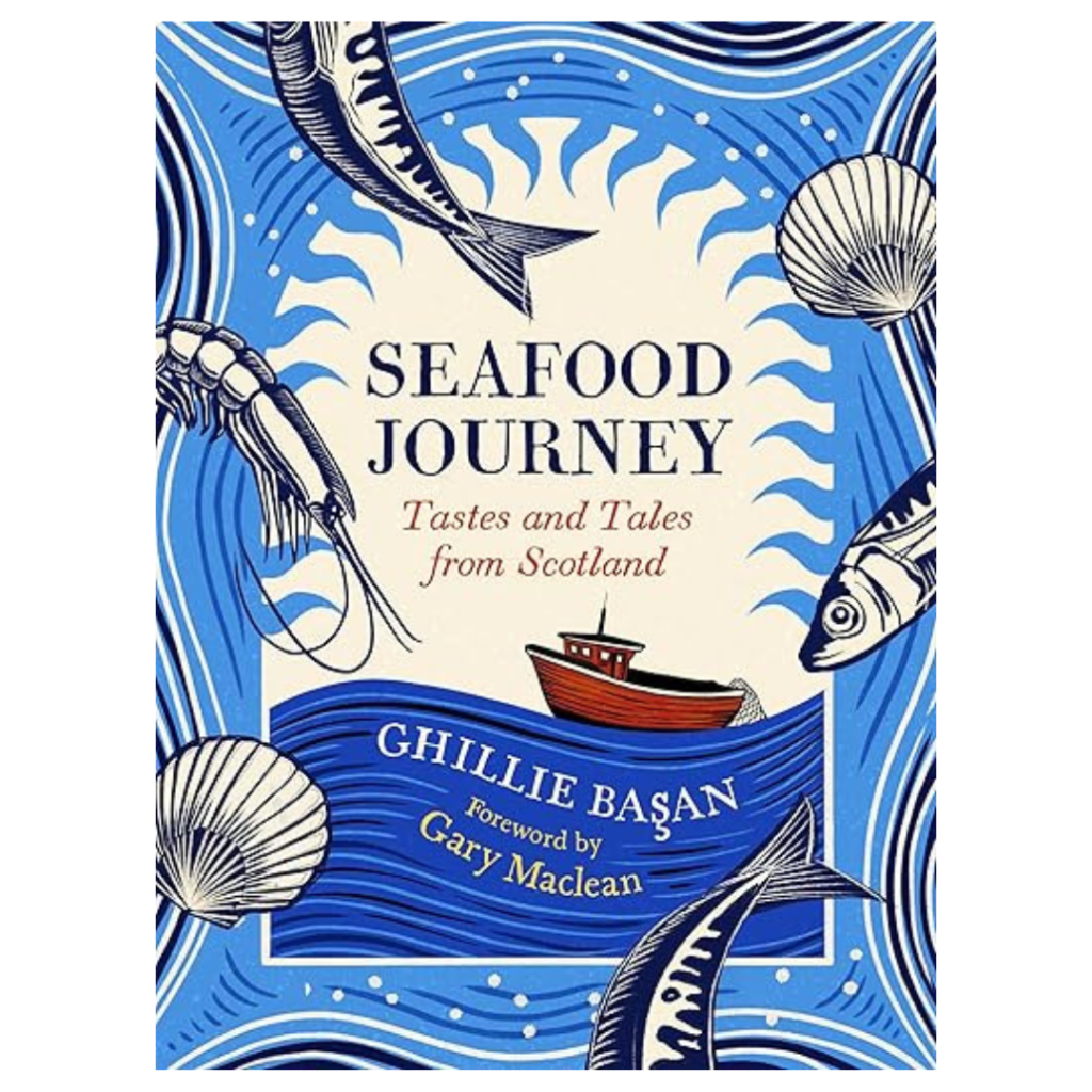 The Seafood Journey cover shows fish, shells, and a red boat on blue waves with a sunburst pattern in the background.