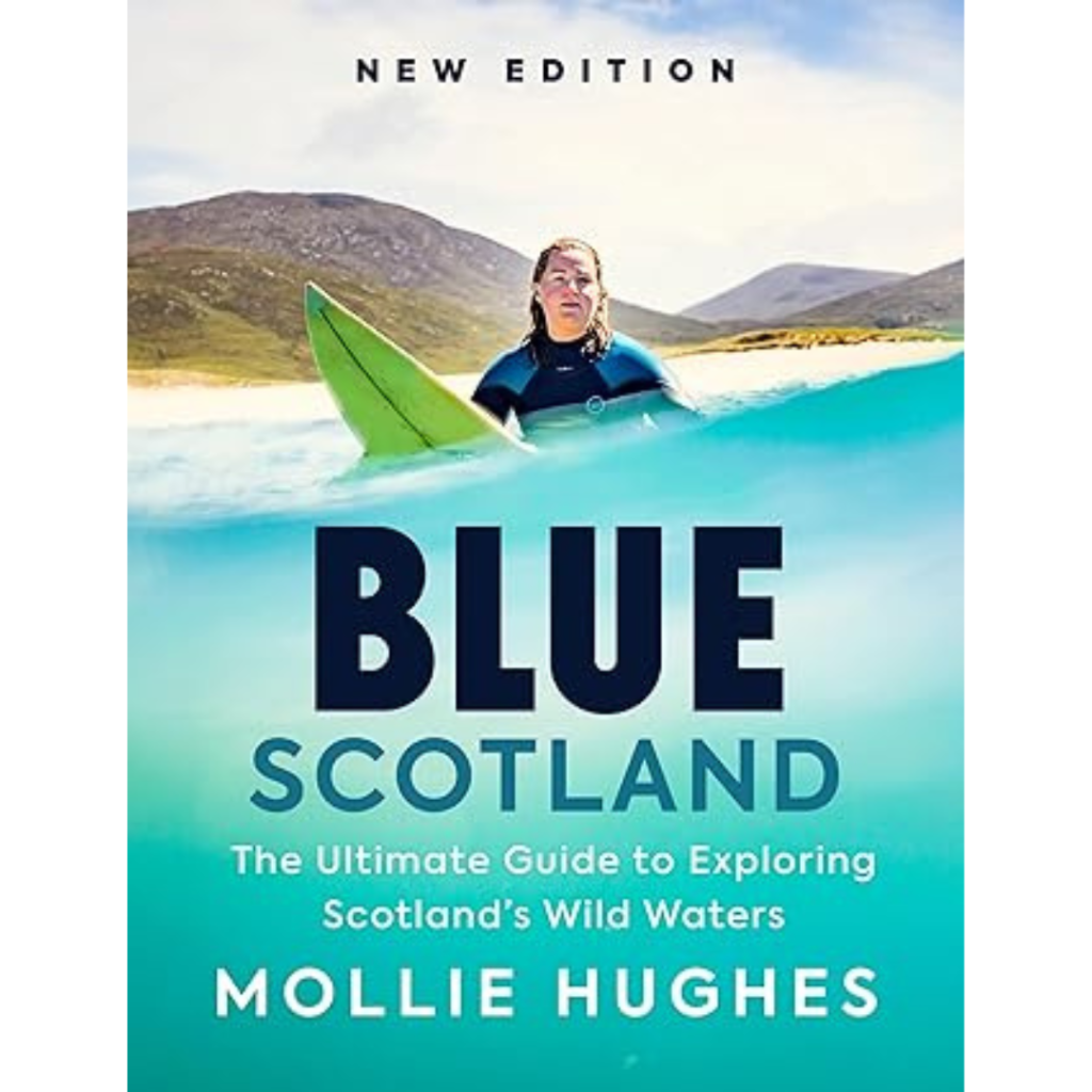 A woman in a wetsuit stands in clear blue water with hills behind, holding a green surfboard. The book title is visible on cover.