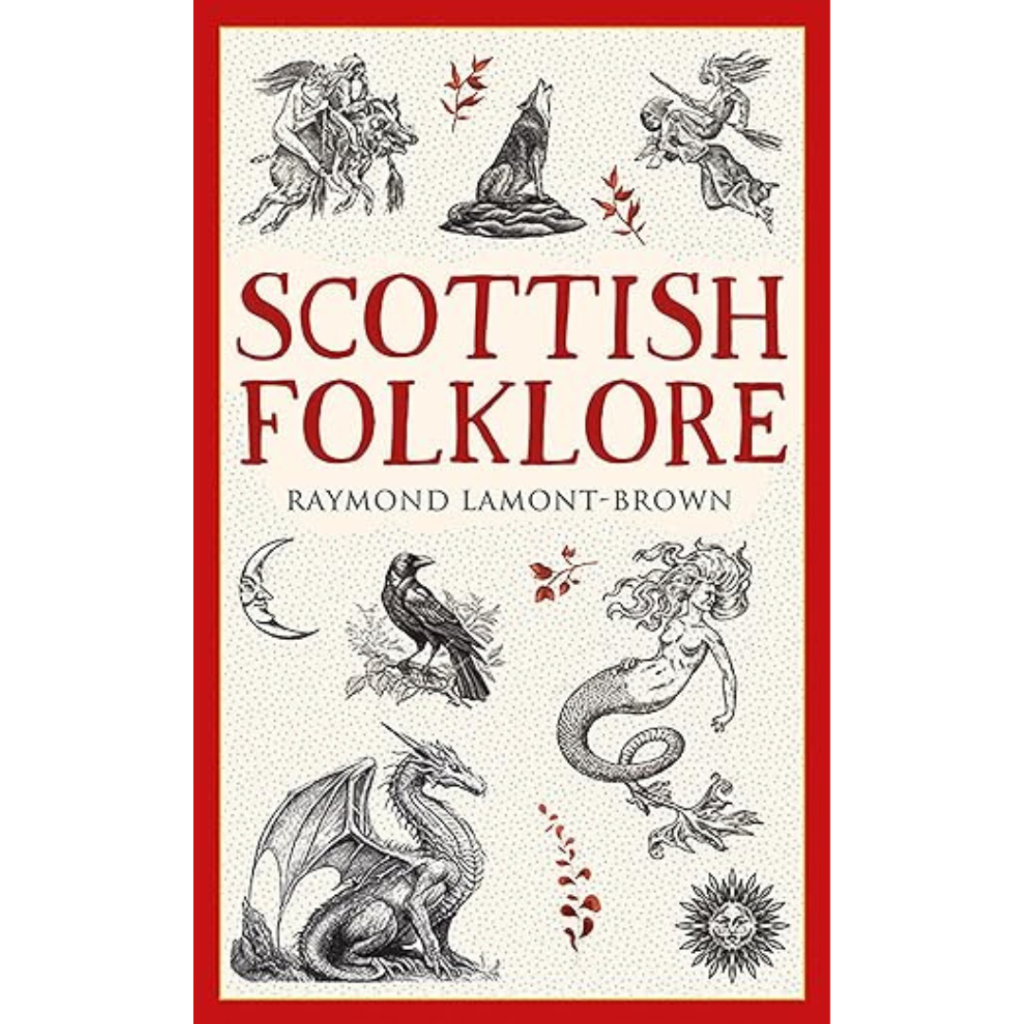 The cover shows illustrations of a wolf, faeries, crow, mermaid, dragon, sun, moon, and stars on cream with a red border.