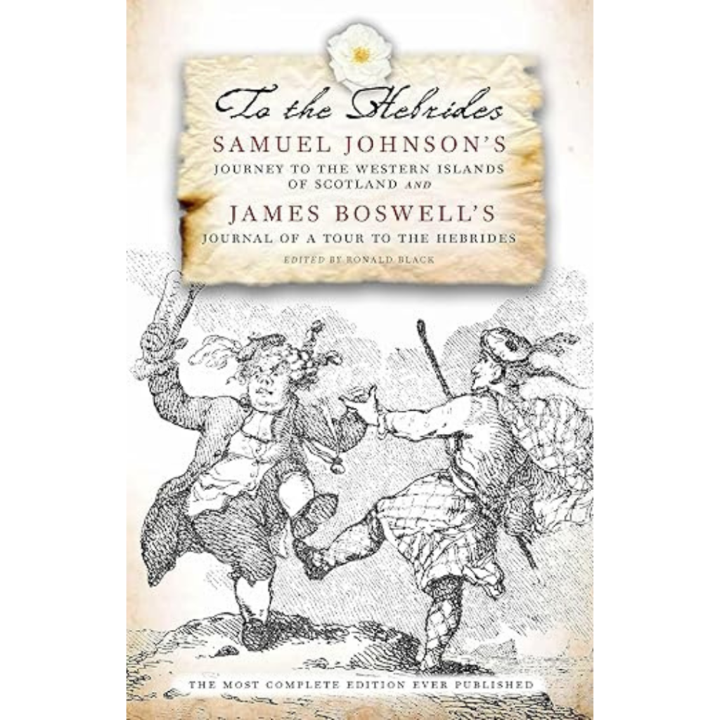 Book cover showing a vintage illustration of Johnson and Boswell dancing in 18th-century attire, ornate script, parchment-style text.