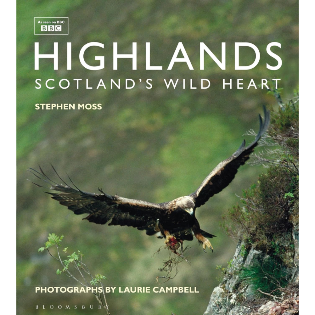 A golden eagle with outstretched wings flies near a green, rocky hillside in the Highlands, carrying prey. Book cover shown.