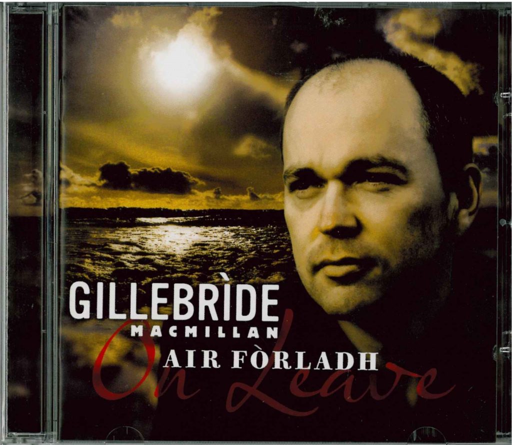 CD cover shows a close-up of Gillebrìde MacMillan’s face with a sunset sky and water background; text: Air Fòrladh – Gillebrìde MacMillan.