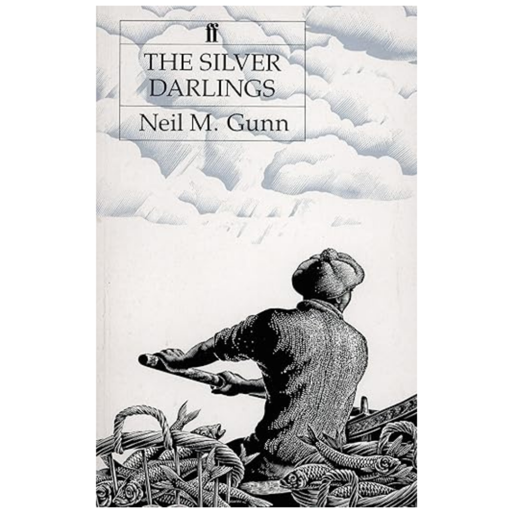 Book cover for The Silver Darlings by Neil M. Gunn, depicting a person rowing a boat at sea with fish in front and clouds above.