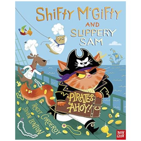 The cover shows pirate cat Shifty McGifty with a treasure chest, Slippery Sam, another chef-hatted animal, a pirate ship, and gold coins.