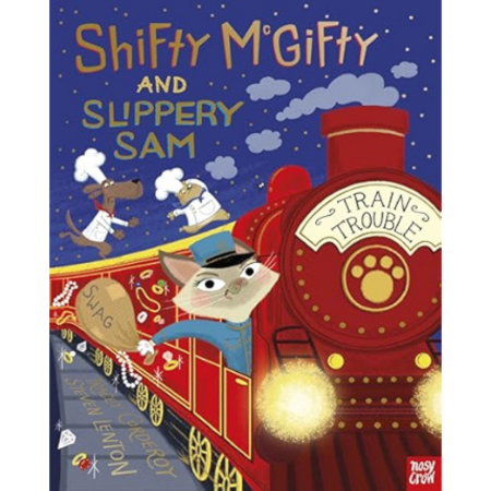 The cover shows Shifty McGifty as a train conductor on a red engine, with Slippery Sam and another dog running across the roof.