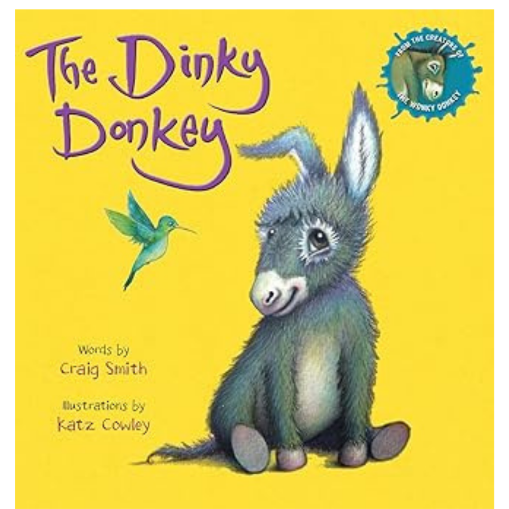 The cover of The Dinky Donkey by Craig Smith shows a fluffy gray donkey sitting, a green hummingbird, and the creators' names.