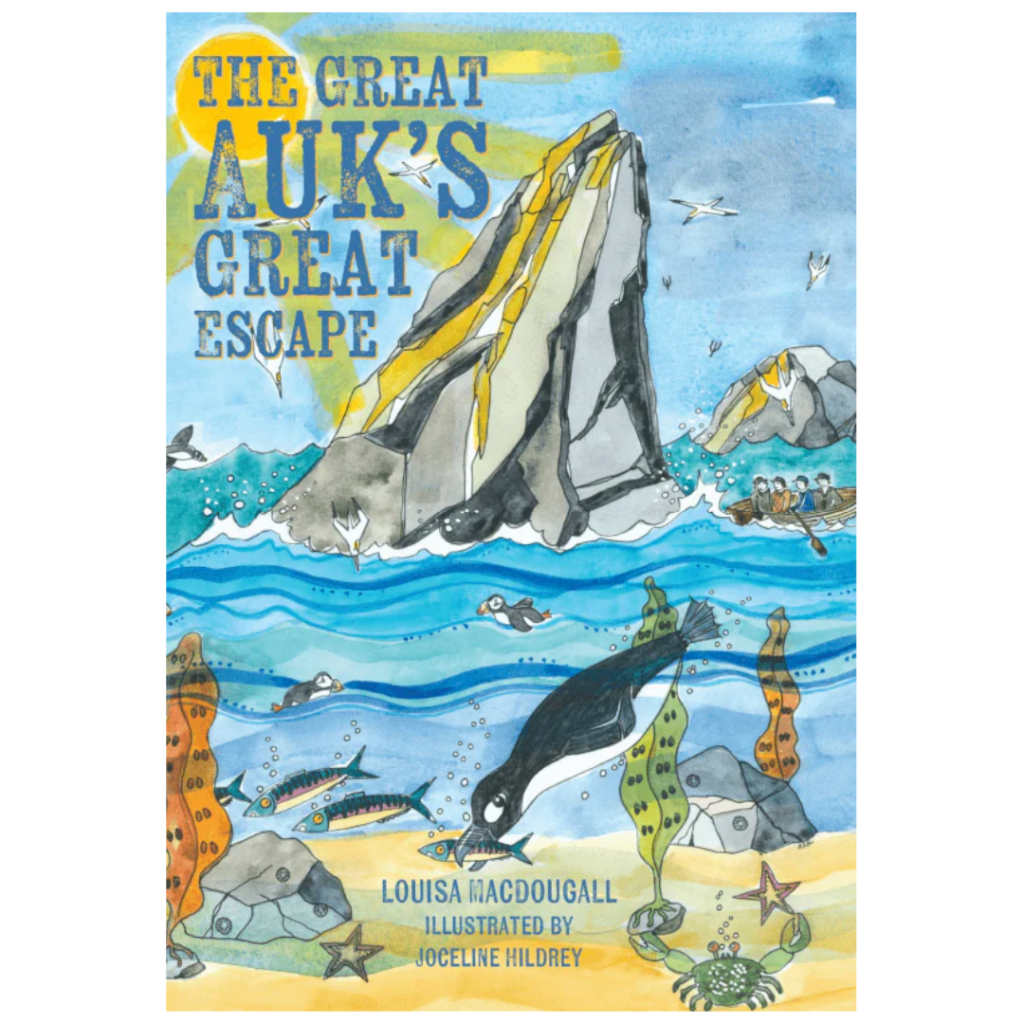 Book cover illustration for The Great Auk's Great Escape shows a swimming auk surrounded by underwater plants, fish, and cliffs below a blue sky.