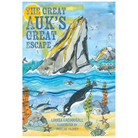 Book cover illustration for The Great Auk's Great Escape shows a swimming auk surrounded by underwater plants, fish, and cliffs below a blue sky.